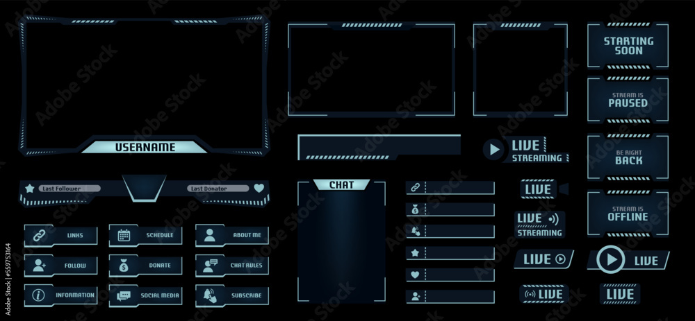 Night mode stream overlay. Dark theme gaming video template with game screen, live chat and webcam frames. Panels buttons and donation bar vector set