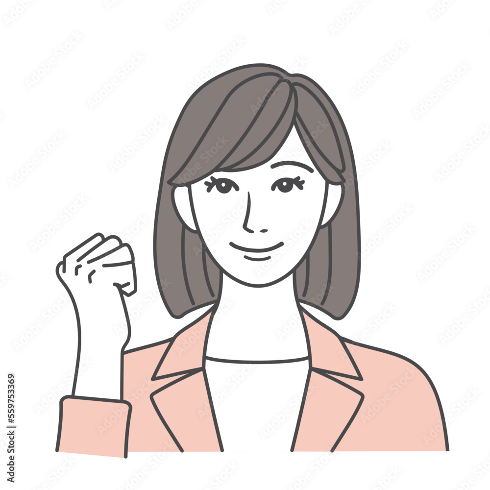 笑顔でガッツポーズをするスーツ姿の女性 ピンク 笑顔でガッツポーズをするスーツ姿の女性 ピンク