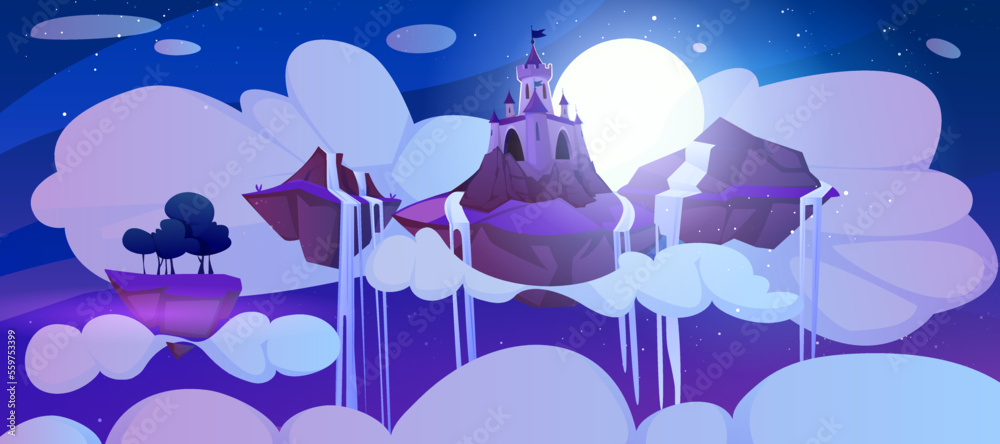 Obraz premium Cartoon magic castle and waterfall on floating island at night. Landscape of fairy tale kingdom flying in dark sky. Medieval royal palace with turrets on piece of rock float at full moon midnight.