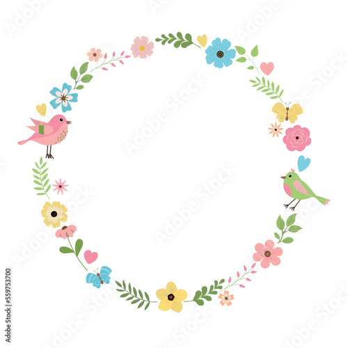 Spring floral wreath with butterflies, flowers and birds. Cute design for greetings, invitation cards, baby shower, wedding. Isolated on white background.