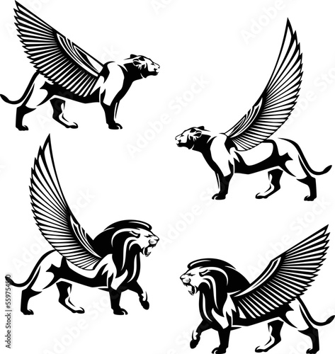 egyptian style winged lioness and lion walking forward side view design - black and white vector mythical animal outline set