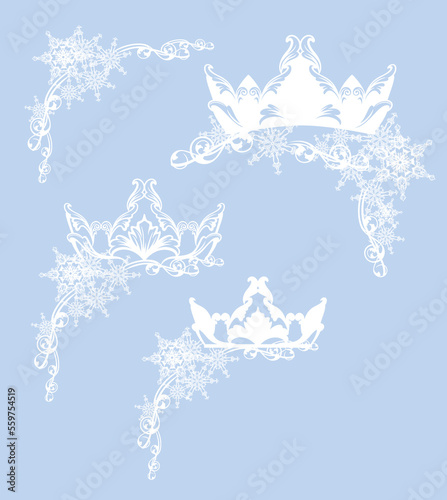blue and white vector silhouette of royal crown and winter snow flakes forming festive border decor set