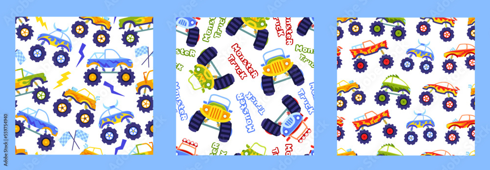 Seamless monster car patterns. Extreme 4WD offroad trucks, race transport with huge wheels. Kids toys cartoon backgrounds vector set Seamless monster car patterns. Extreme 4WD offroad trucks, race transport with huge wheels. Kids toys cartoon backgrounds vector set