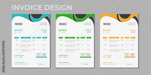 Minimal corporate Business multiple color variation a4 size invoice design template vector illustration bill form price invoice, Creative invoice template vector and business stationery design