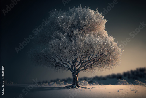 frosty tree in the light of a winter morning. Generative AI