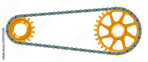 Bicycle drivetrain. Chain with cogwheels, bike transmission and bicycles gear wheels vector illustration