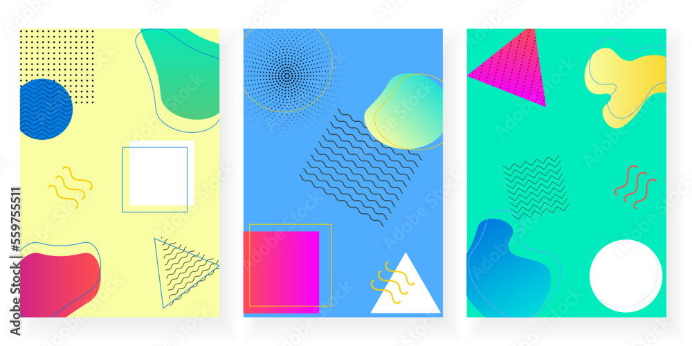 Geometric background with abstract shapes. Memphis. Texture for poster, card, social media covers. Geometry banner in retro style. Vector
