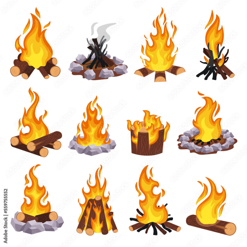 Cartoon campfire. Wood bonfire, burning log and fieldstone fire pit. Stacking firewood types and extinguished fire vector illustration set - obrazy, fototapety, plakaty 