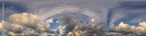 Dramatic sunset sky panorama with Cumulus clouds. Seamless hdr 360 pano in spherical equirectangular format. Complete zenith for 3D visualization, game and sky replacement for aerial drone panoramas © svetograph