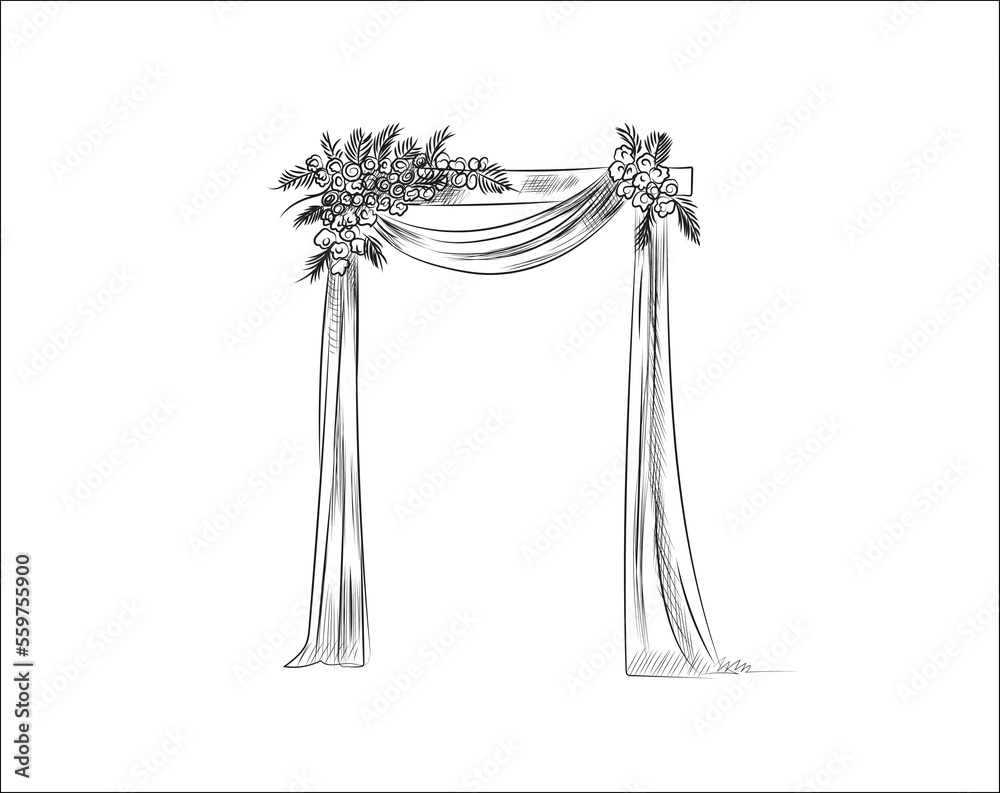 Hand-drawn sketch of the decorated arch for wedding ceremony vector illustration on white background. Hand-drawn sketch of the decorated arch for wedding ceremony vector illustration on white background.