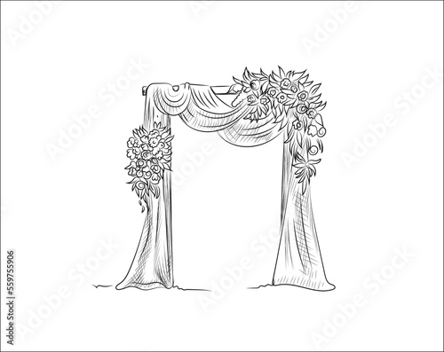 Hand-drawn sketch of the decorated arch for wedding ceremony vector illustration on white background.