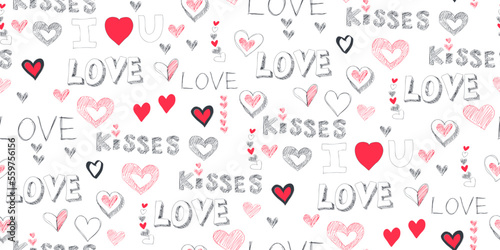 Grunge vector seamless pattern with hand painted hearts and words love. Hand drawn illustration for Valentines day wrapping paper or wedding invitation card background in pink, black and white colors