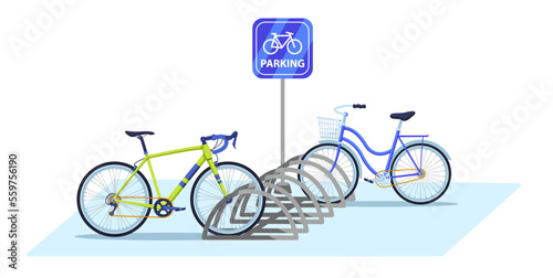 Bicycle parking area. Public bike rack with parking sign and parked bicycles. Ecologic city transport vector illustration