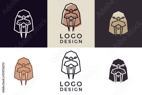 Stylized geometric walrus head illustration. Vector icon tribal animal design in 6 different styles