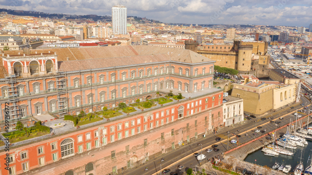 Aerial view of the terrace of the Royal Palace of Naples, Italy.It was royal seat for the kings of Naples and the Bourbons.The palace is built in the neoclassical style.In background Maschio Angioino.