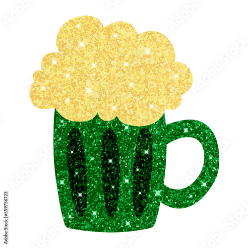 Green glass ale mug, with glitter effect for St. Patrick's Day, sparkly beer mug with foam symbol of Irish holiday, alcohol, party and bar. Vector illustration