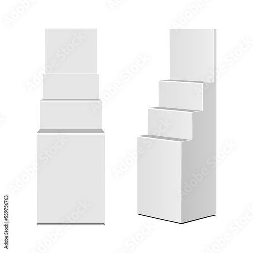 Mockup Cardboard Retail Shelves Floor Display Rack For Supermarket Blank Empty. Mock Up. 3D On White Background Isolated. Ready For Your Design. Product Advertising. Vector EPS10