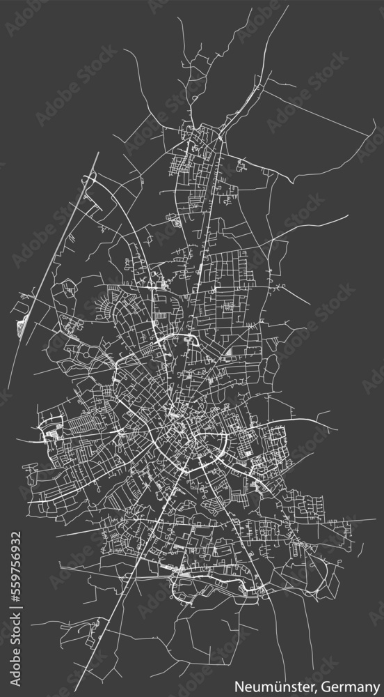 Detailed negative navigation white lines urban street roads map of the German town of NEUMÜNSTER, GERMANY on dark gray background