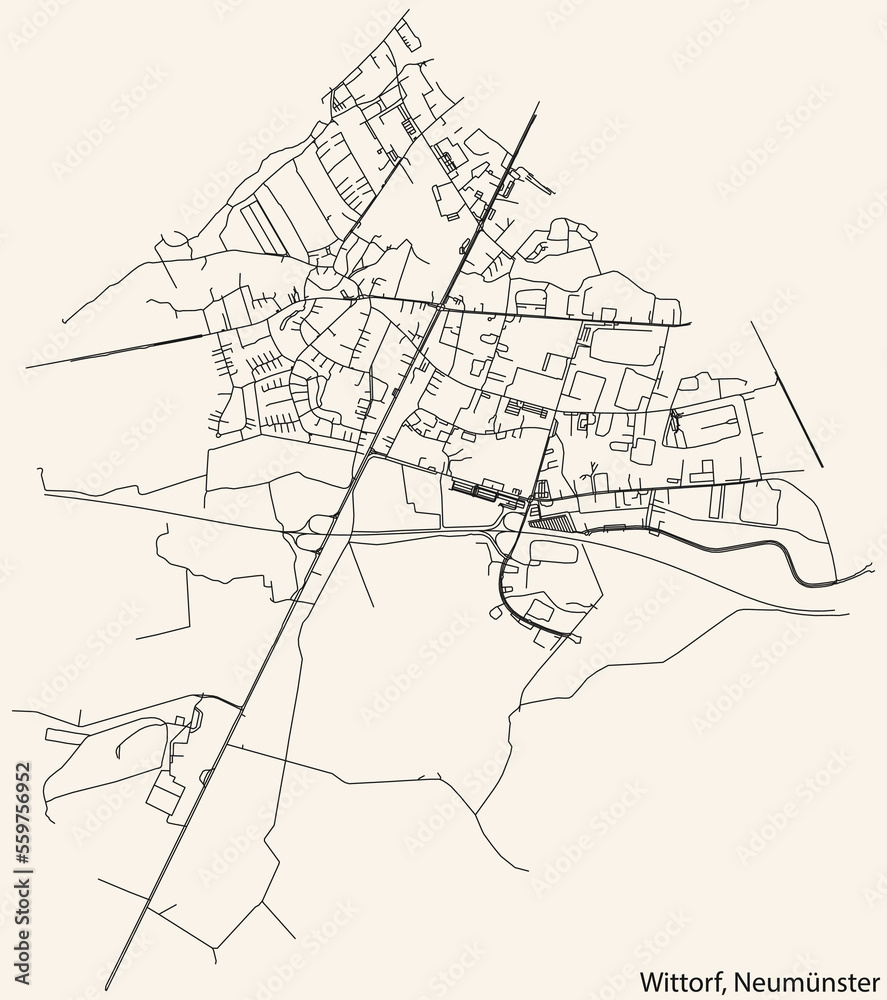 Detailed navigation black lines urban street roads map of the WITTORF QUARTER of the German town of NEUMÜNSTER, Germany on vintage beige background
