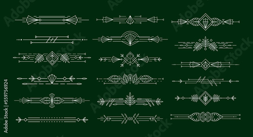 Tropical art deco dividers. Decorative header line ornament with geometric leaves, nature label design divider elements vector set