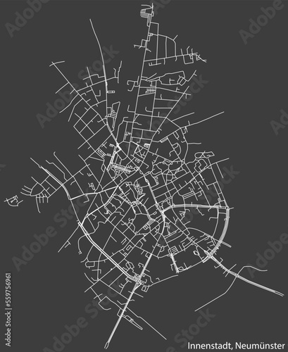 Detailed negative navigation white lines urban street roads map of the STADTMITTE QUARTER of the German town of NEUMÜNSTER, Germany on dark gray background