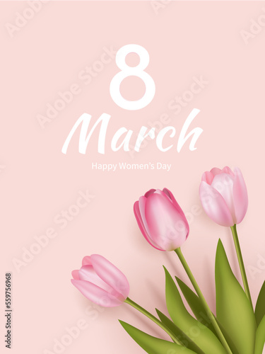 Greeting card for Women's Day 8 March. Spring flower realistic pink tulip vector illustration. Flowers 3d template, floral background , international women day flyer, modern banner design. Peach pink.