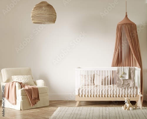 Fototapeta Naklejka Na Ścianę i Meble -  3d render -  nursery interior with a white cradle, lots of toys and a lounge armchair.