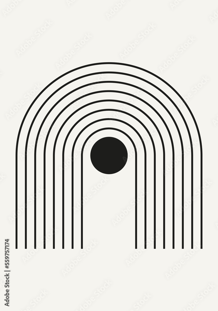 Obraz premium Abstract geometric minimalist artwork. Mid century modern and Bauhaus inspired retro poster with an arch and circle. Modern trendy black and white wall art with simple shapes.