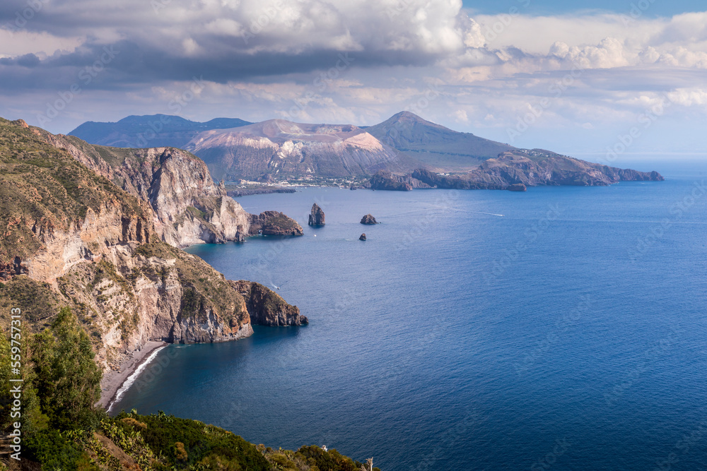 Lipari, Sicily, Italy - July 18, 2020: Beautiful view of the island of Vulcano from the island of Lipari