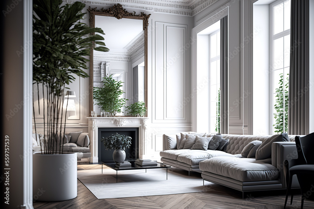 early morning in a luxury, light filled hotel. A luxurious living room with parquet wood flooring, a fireplace, a sofa, and a houseplant has a bright and contemporary interior design. plastered walls - obrazy, fototapety, plakaty 