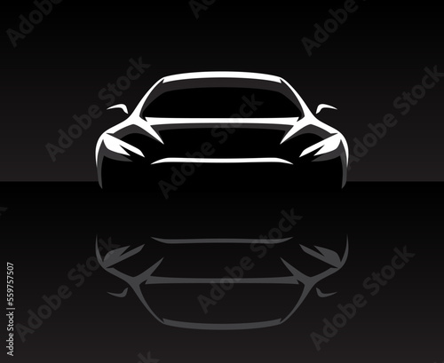 Sports car vehicle silhouette front profile. Auto garage dealership showroom background. Vector illustrations.