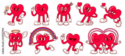 Heart character. Love mascot hearts with cute faces, cartoon feets and hand gestures. Romantic feelings vector illustration set