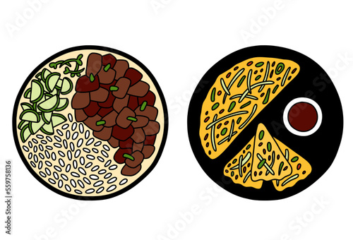 Pajeon and bulgogi, korean traditional food. Vector illustration.