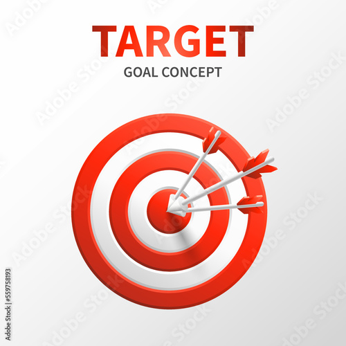 Marketing success concept. Targeting the business. Realistic 3d design red target and arrow in center. Game of darts. Vector social media banner design. Business finance, goal, target achievement.