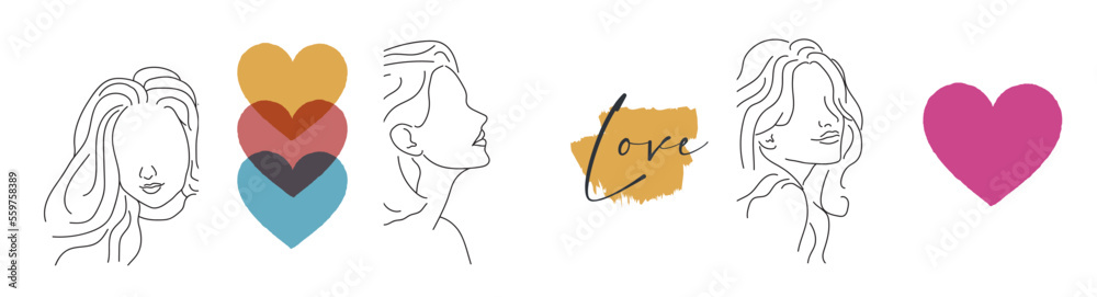 Collection of modern abstractions with minimalistic portraits of women and colored hearts and text love on a white background