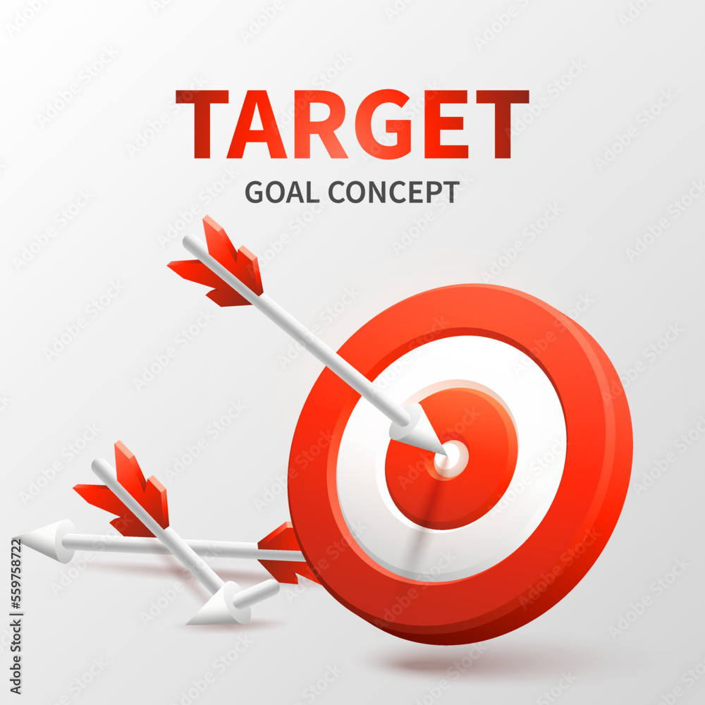 Marketing success concept. Targeting the business. Realistic 3d design red target and arrow in center. Game of darts. Vector banner design. Business finance, goal of success, target achievement.