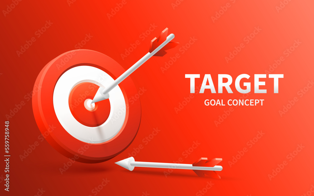 Marketing success concept. Targeting the business. Realistic 3d design red target and arrow in center. Game of darts. Vector red banner design. Business finance, goal of success, target achievement. Marketing success concept. Targeting the business. Realistic 3d design red target and arrow in center. Game of darts. Vector red banner design. Business finance, goal of success, target achievement.