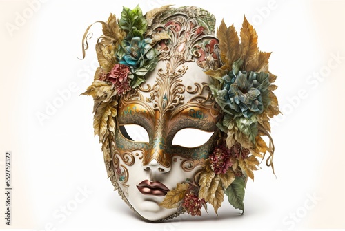 Venezianische Frauenmaske mit Blumen und Verzierung
