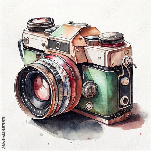Retro watercolor camera with a vintage feel. Generative ai