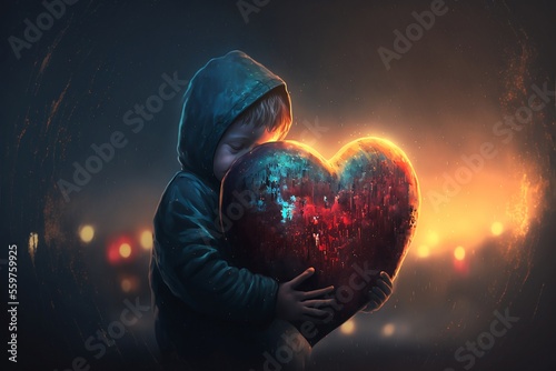 Young child hugging a red heart. Generative AI, this image is not based on any original image, character or person.