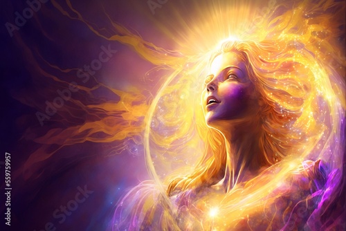 Ethereal angelic woman's face exuding spiritual energy.  Generative AI, this image is not based on any original image, character or person.
