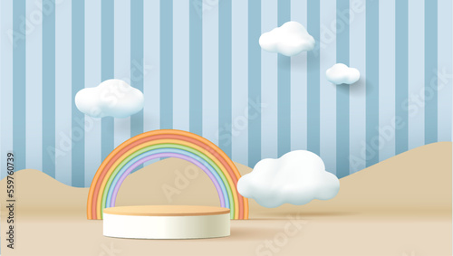 3d podium on pastel background with clouds and cute rainbow, kids product display.