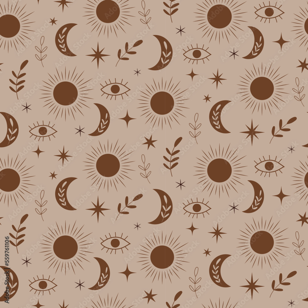 Mystical Boho sun and moon seamless pattern with leaves, eyes and stars in earthy brown and sand colors. For home decor, textile and wallpaper 