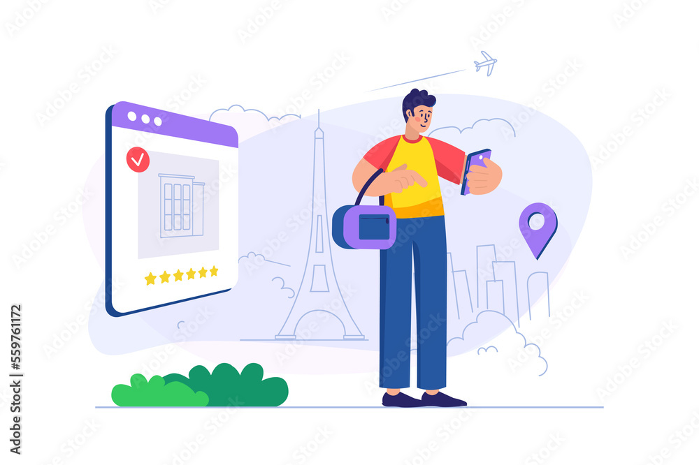 Travel concept with people scene. Man traveler is going on vacation in different country, booking plane tickets and hotel room. Illustration with character in flat design for web banner