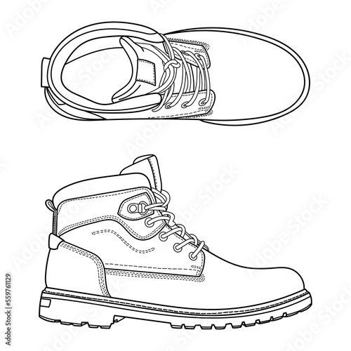 Safety boots. Personal protective equipment or winter classic men boots. Side and top view. Outline vector doodle illustration.