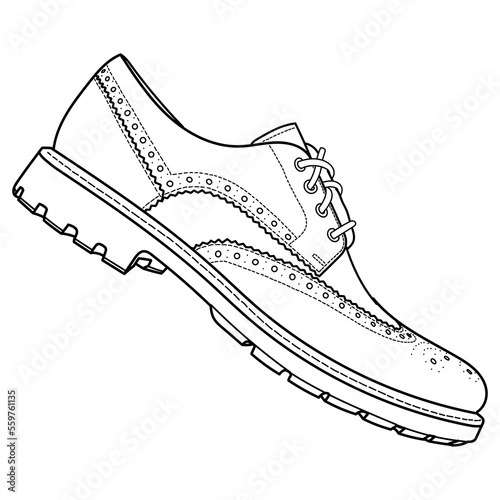 Vector hand drawing illustration with autumn or spring men brogue fashion shoes, side view. Doodle outline illustration	
