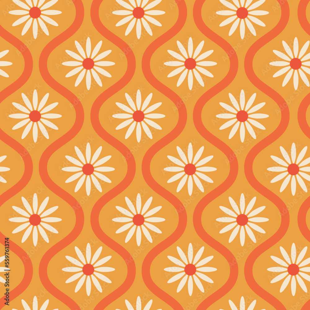 Retro white flower on orange mid century oval ogee seamless pattern. For home décor, textile and fabric 
