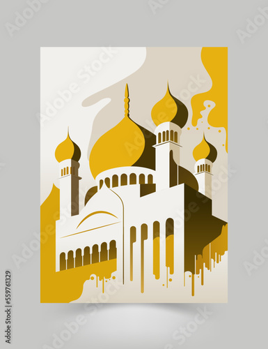 Flat style Muslim mosque template for islamic celebration design.Eid Mubarak greetings.Ramadan Kareem.Vector illustration.