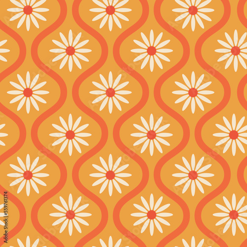 Retro white flower on orange mid century oval ogee seamless pattern. For home décor, textile and fabric 