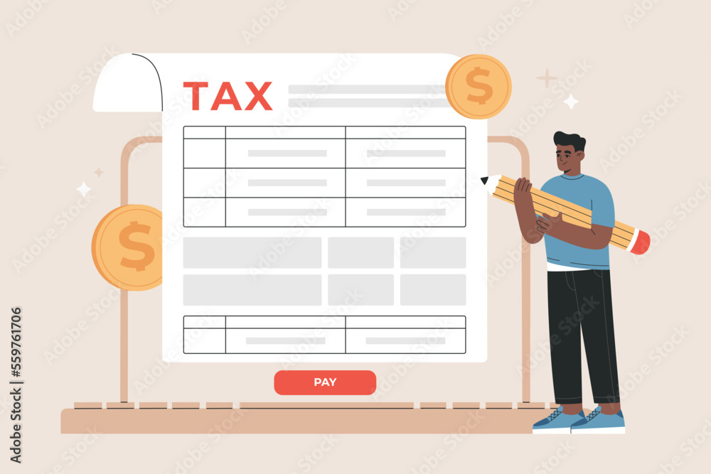 Man filling tax form using internet. Online tax submitting system. Electronic payment of Invoice, digital receipt. Hand drawn vector illustration isolated on background, modern flat cartoon style